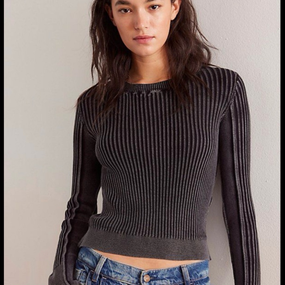 NWOT We The Free Between The Lines Rib Sweater - Sz Medium/Black Gray